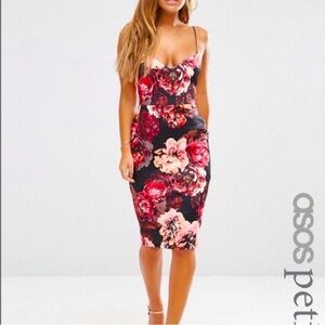 ASOS Petite Plunge Scuba Black Floral Bodycon Midi Dress 0P